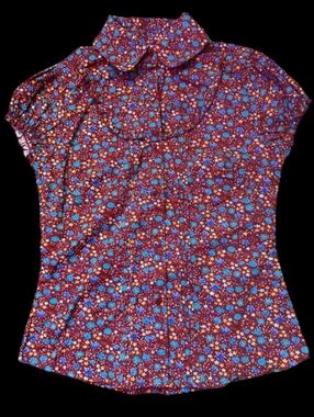 NWT At Last Sz S Floral Cap-Sleeve Button-Up Top in Burgundy and Blue